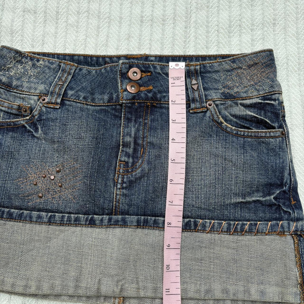 y2k 2000s embroidered pocket cuffed denim micro mini skirt