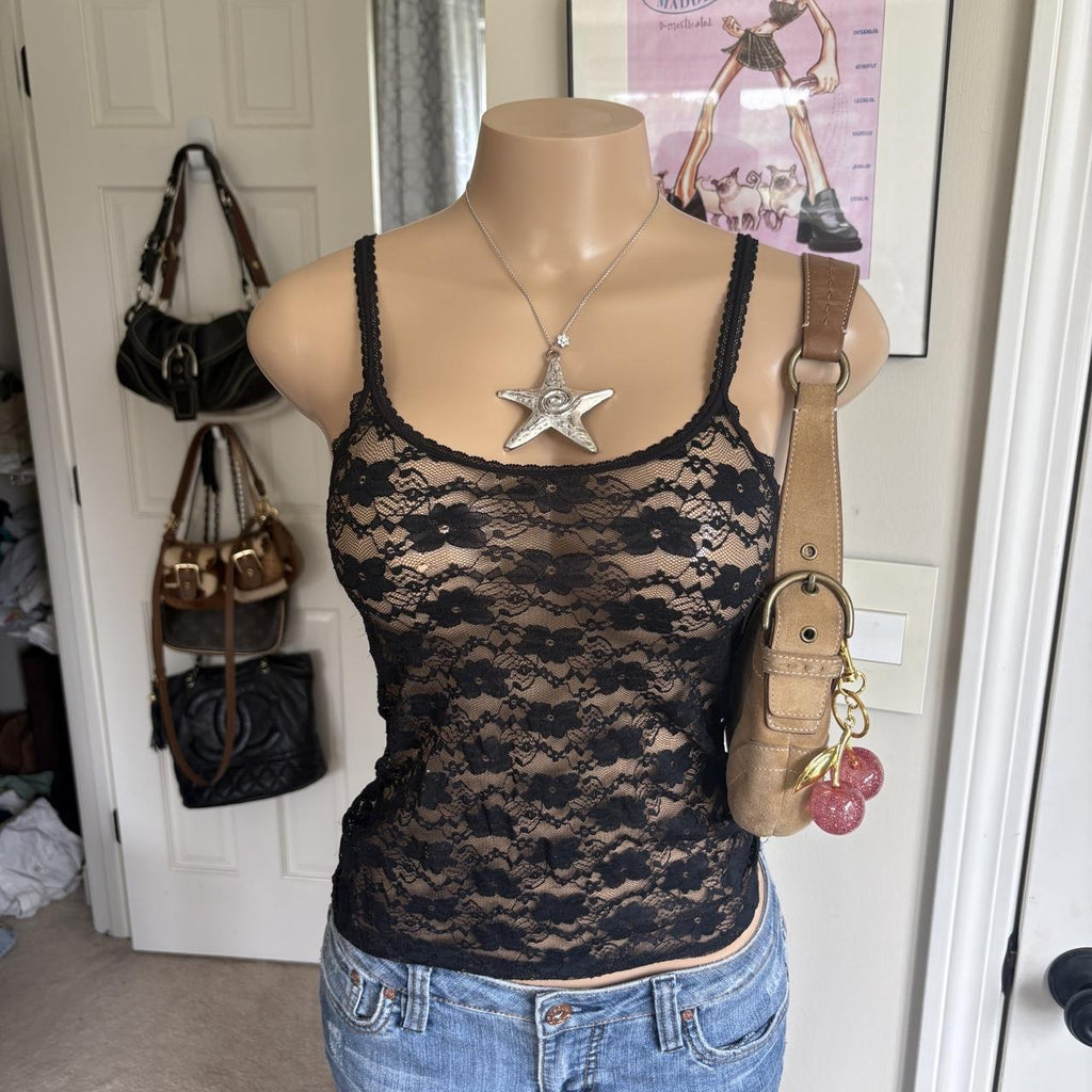 y2k 2000s black sheer floral lace cami top