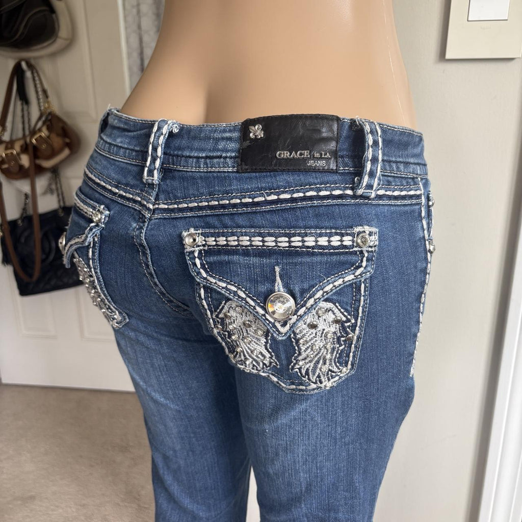 y2k 2000s mcbling angel wing rhinestone pocket low rise jeans