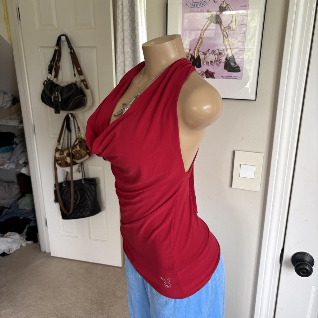 y2k vintage Playboy red draped cowl neck halter top