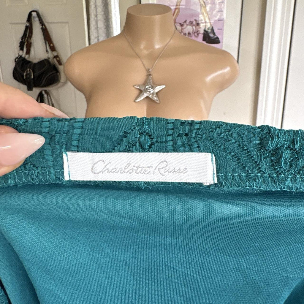 y2k 2000s Charlotte Russe teal lace sequin strapless tie back top