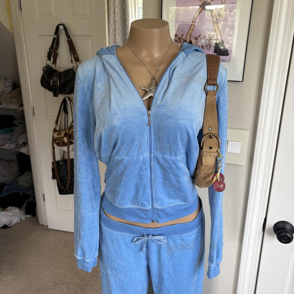 y2k vintage Juicy Couture blue velour rhinestone tracksuit set