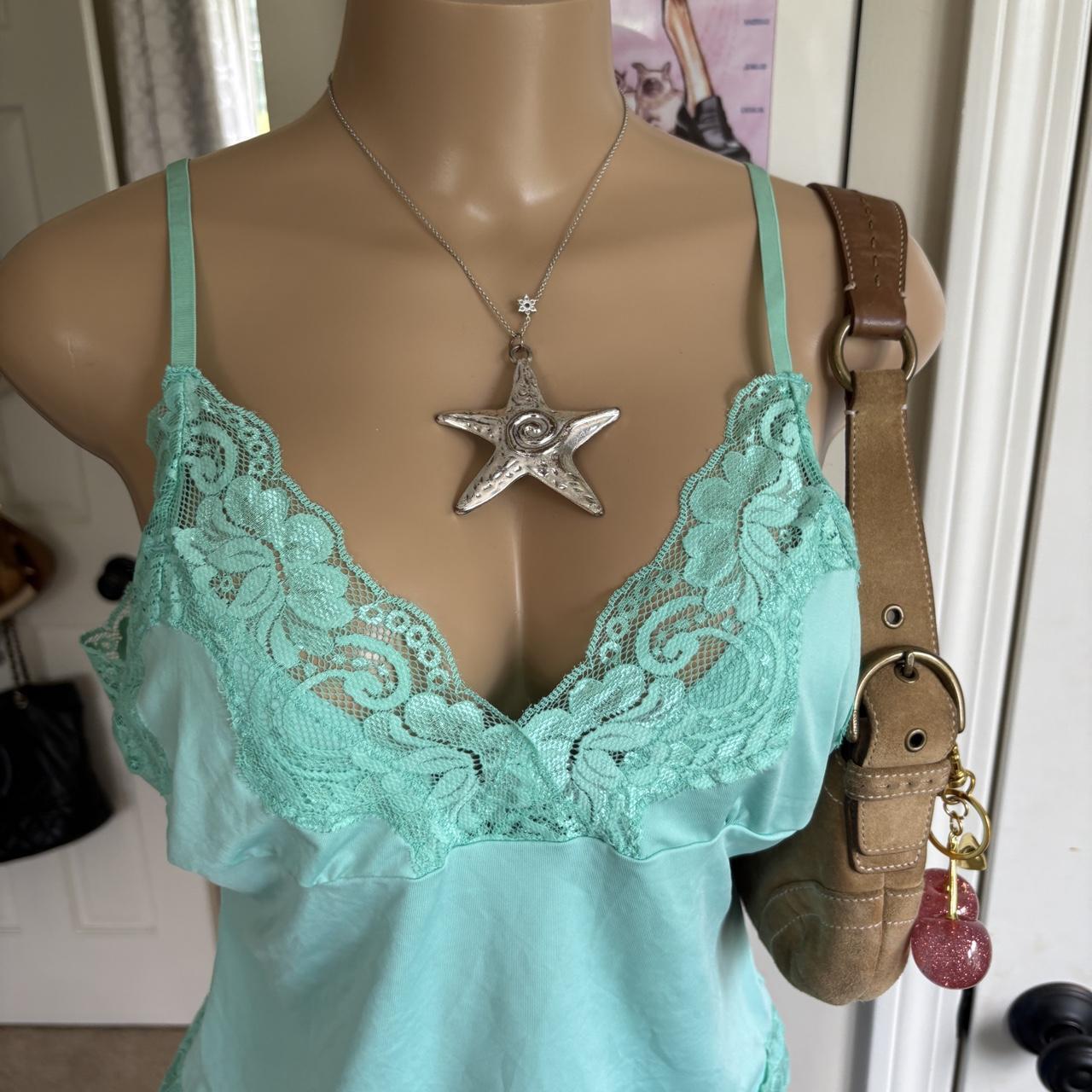 y2k 2000s Frederick’s of Hollywood aqua satin lace surplice cami tank top