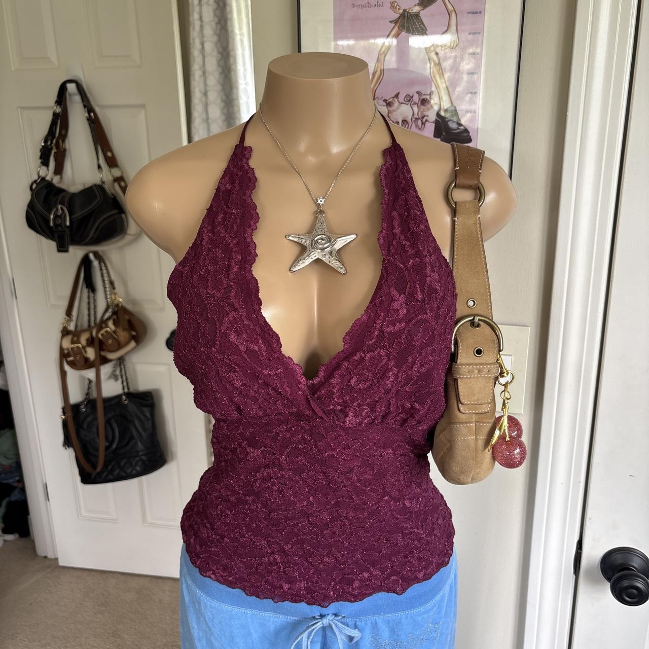 y2k 2000s burgundy lace plunging halter top