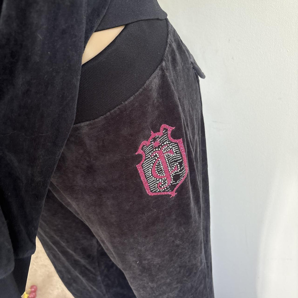 Y2K 2000s Juicy Couture Black Velour Rhinestone Tracksuit Set