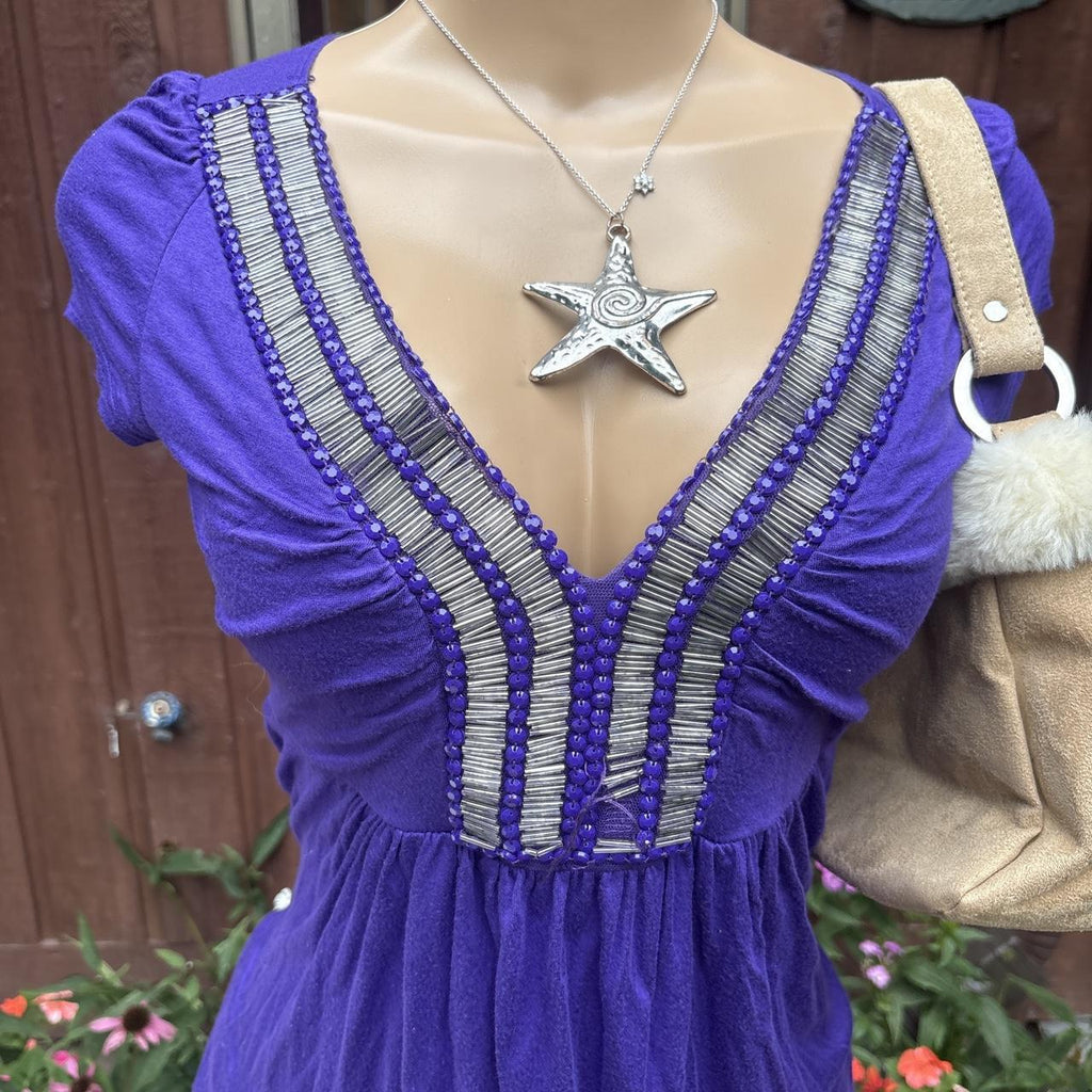 y2k 2000s purple beaded deep v babydoll tunic top