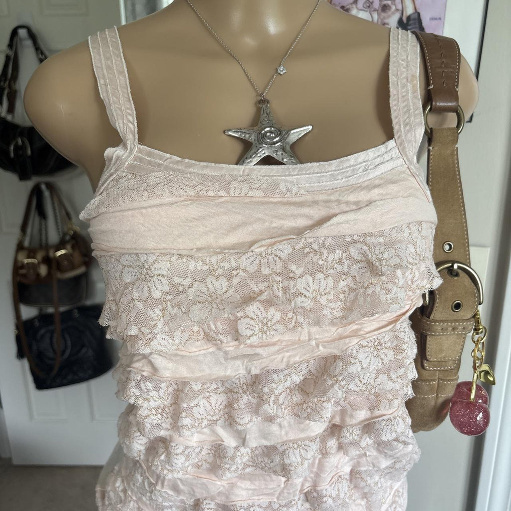 y2k 2000s express blush pink tiered lace ruffle tank top
