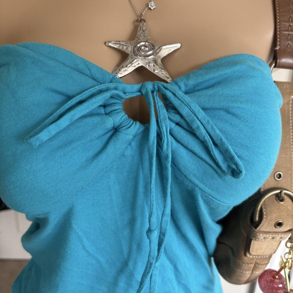 y2k 2000s turquoise tie front strapless top