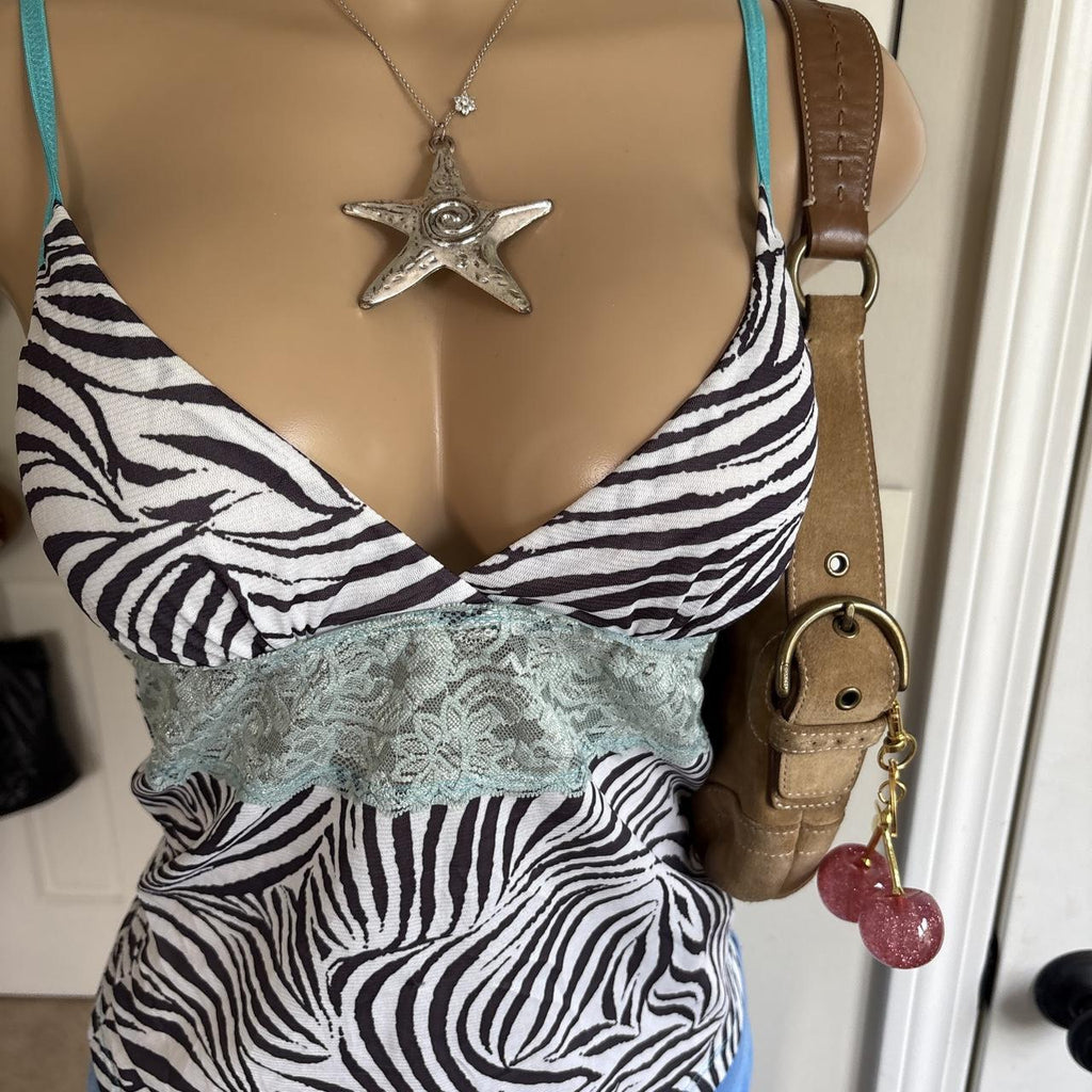 y2k 2000s zebra print turquoise lace cami top