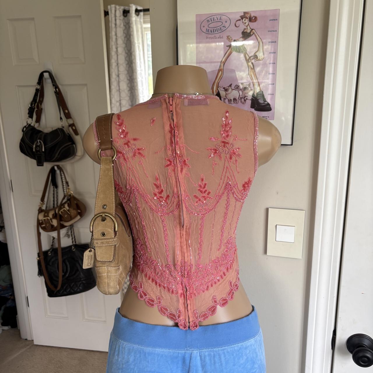 y2k 2000s silk pink beaded sequin mesh tank top