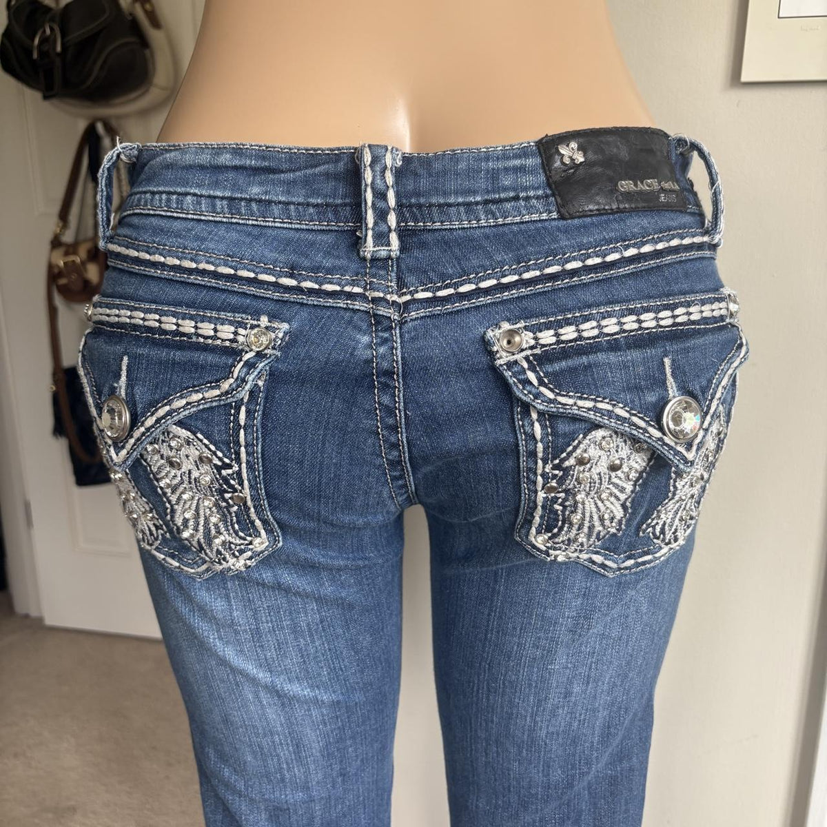 y2k 2000s mcbling angel wing rhinestone pocket low rise jeans