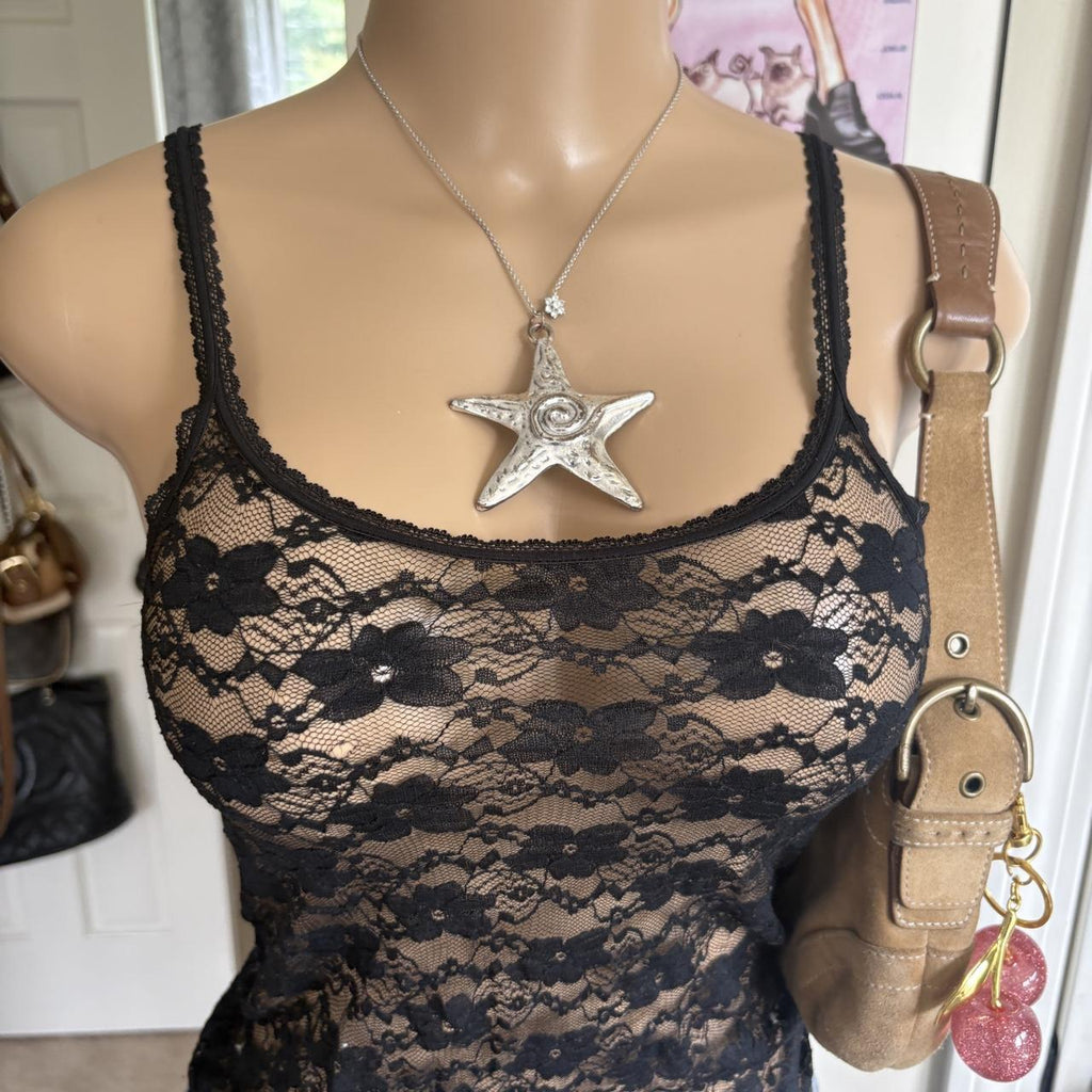 y2k 2000s black sheer floral lace cami top