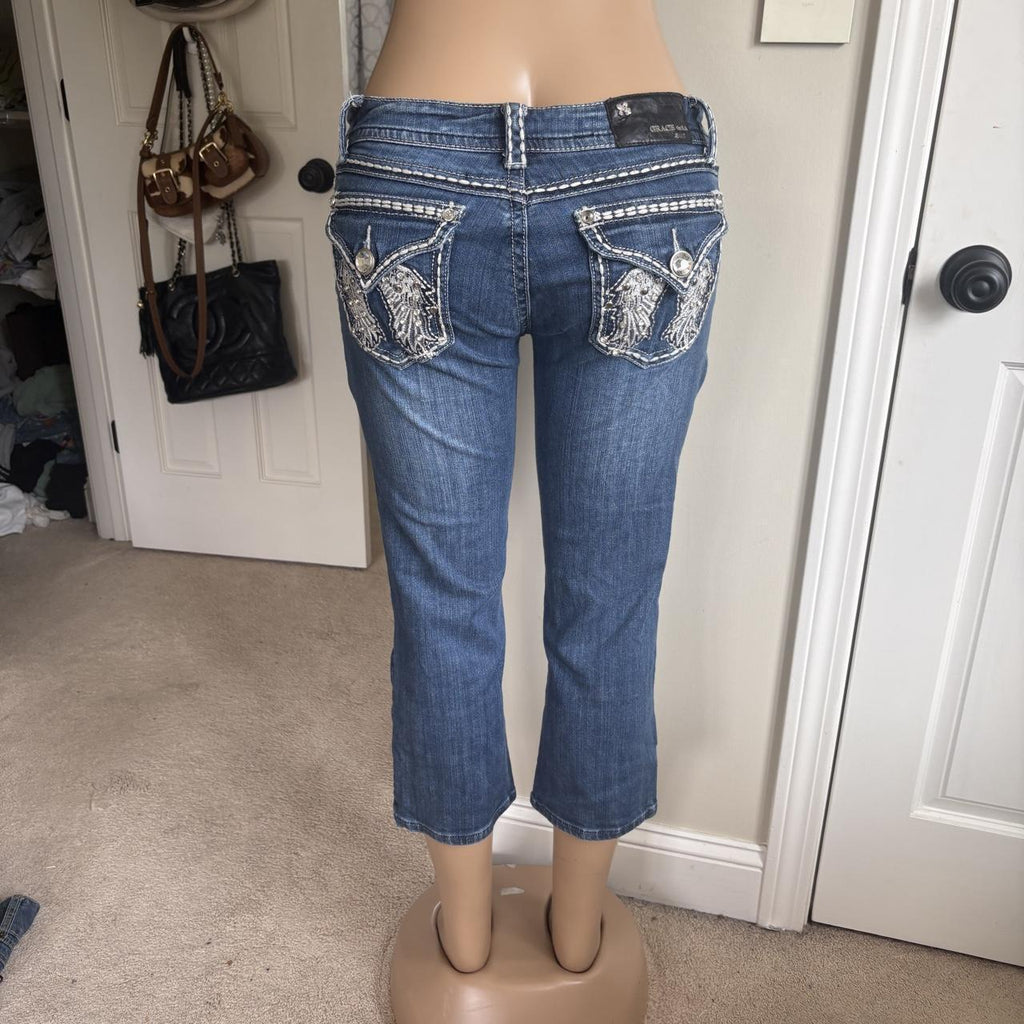 y2k 2000s mcbling angel wing rhinestone pocket low rise jeans