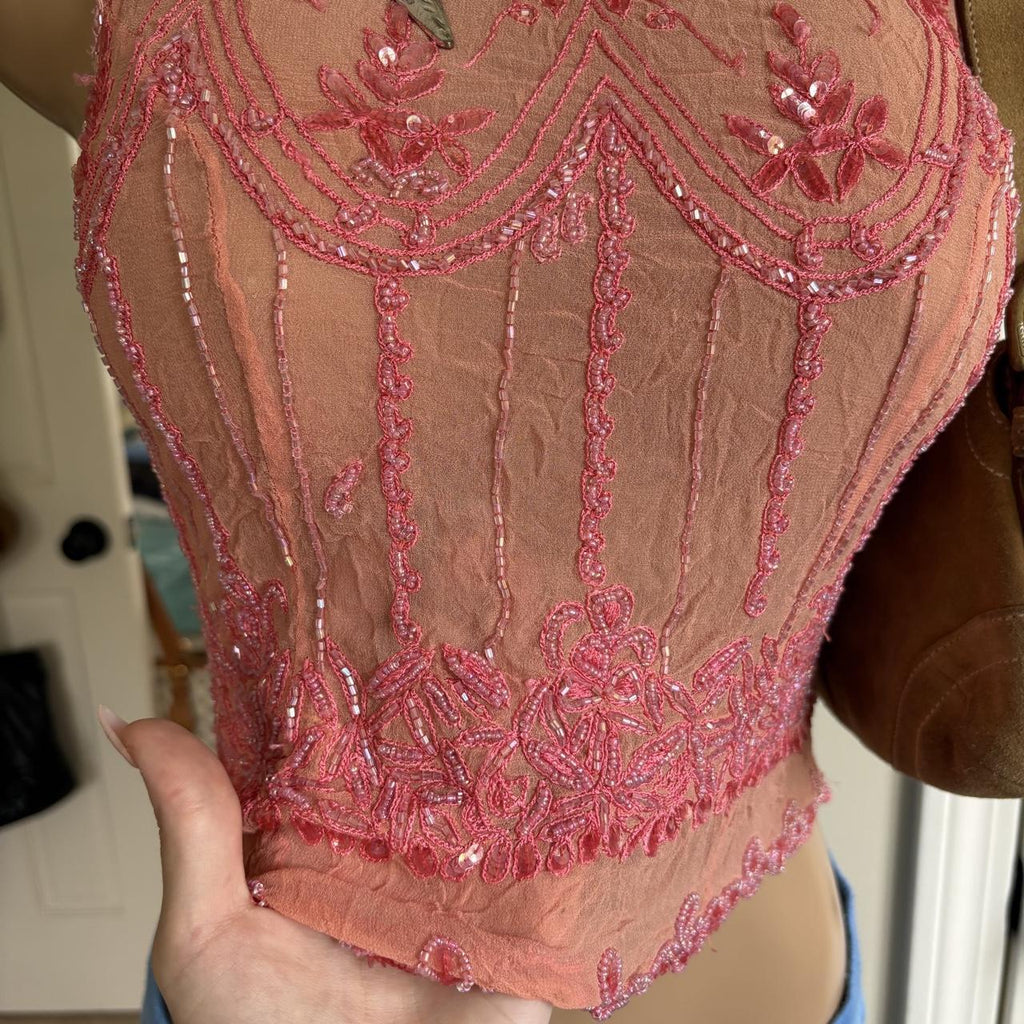 y2k 2000s silk pink beaded sequin mesh tank top