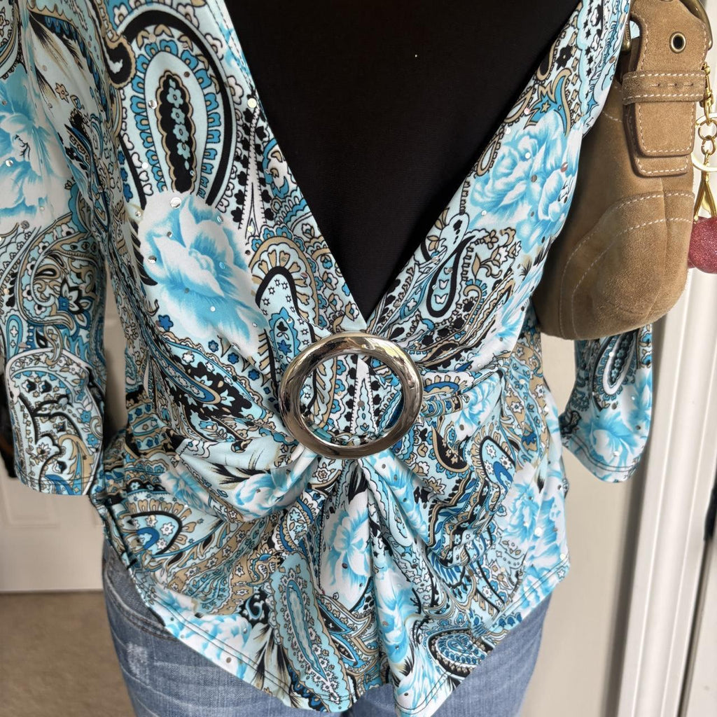 Y2K 2000s avant garde fairy Blue Paisley Buckle Top