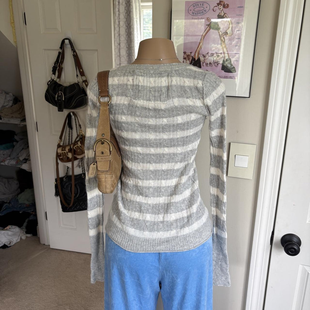 y2k vintage Abercrombie & Fitch grey striped cable knit v neck sweater