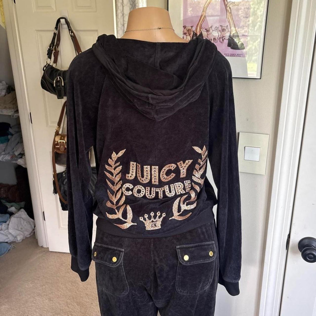 Y2K 2000s Juicy Couture Black Velour Rhinestone Tracksuit Set