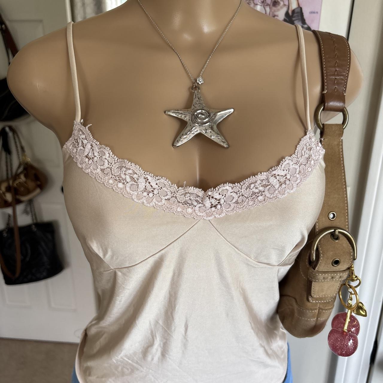 y2k 2000s champagne satin lace trim cami top