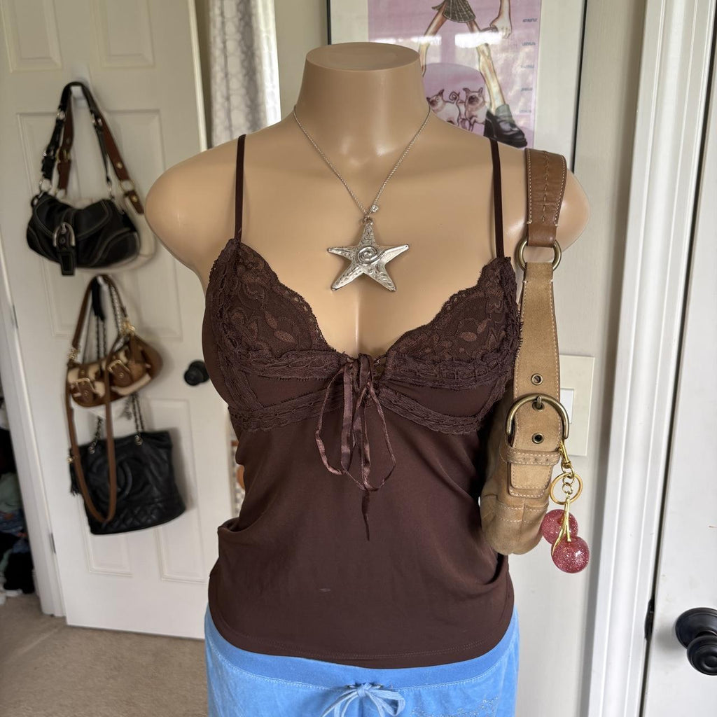 y2k 2000s fairy brown lace bustier cami top