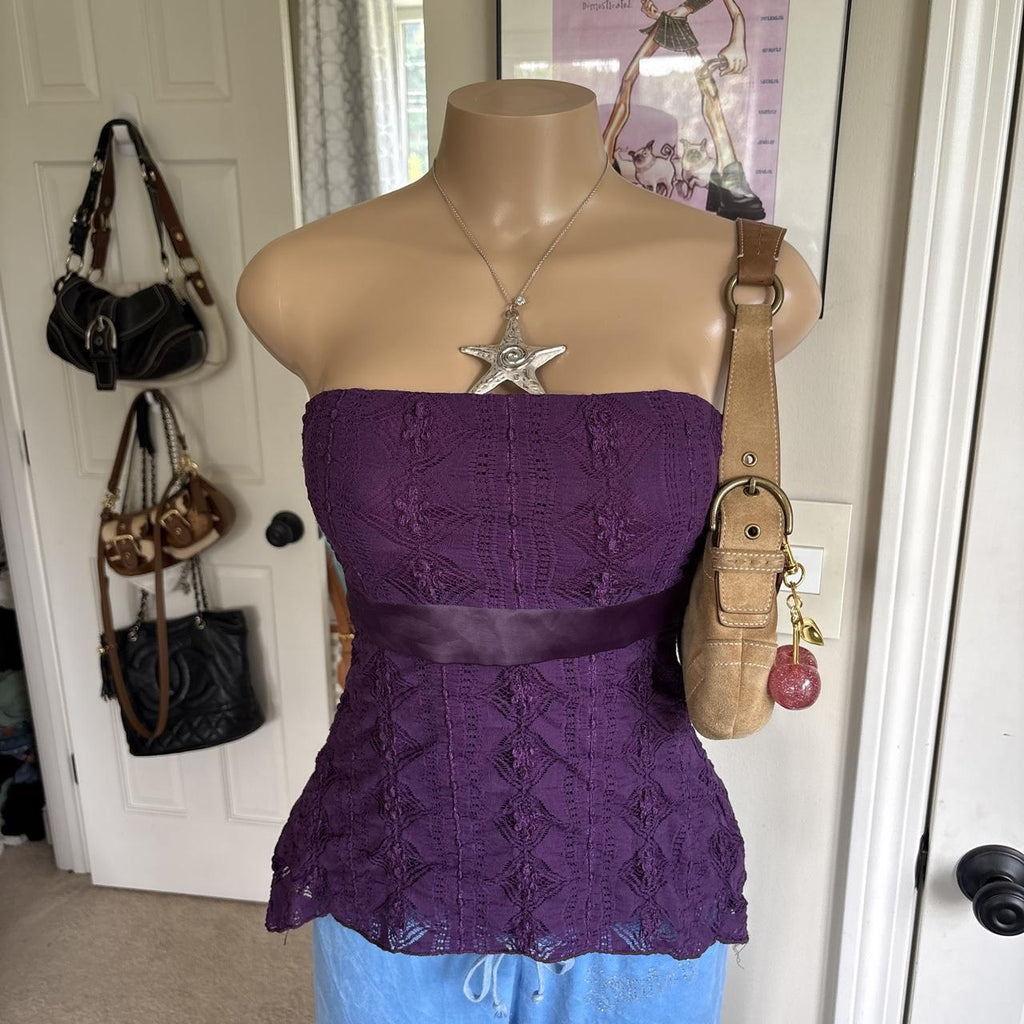y2k 2000s fairy purple lace strapless babydoll tie back top