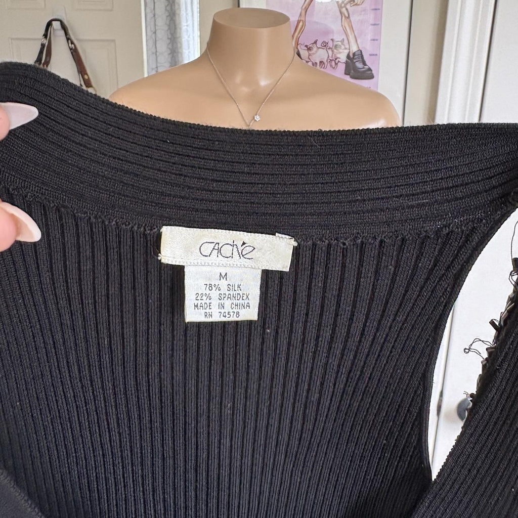 y2k 2000s Cache grunge silk black deep v surplice beaded tank top