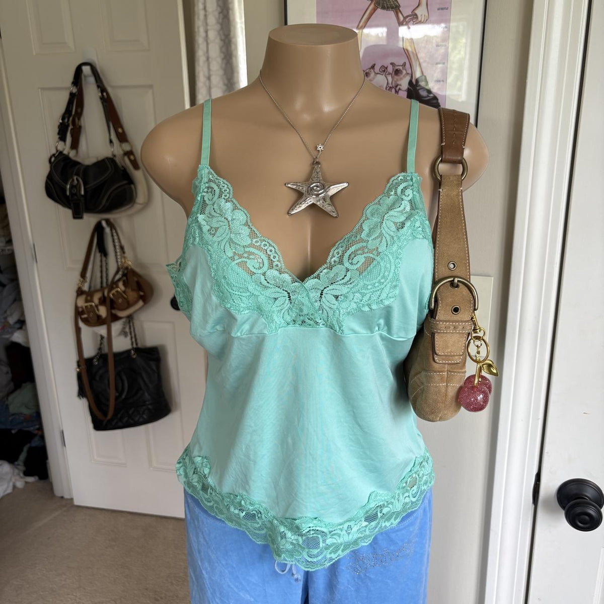 y2k 2000s Frederick’s of Hollywood aqua satin lace surplice cami tank top